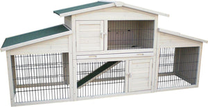 Flamingo konijnenhok met ren – extra groot konijnenhok voor buiten met 2 verdiepingen en nachthok – 222x57,5x100 cm – konijnenhok villa scandic grijs
