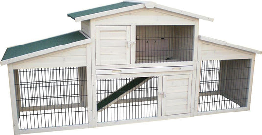 Flamingo konijnenhok met ren – extra groot konijnenhok voor buiten met 2 verdiepingen en nachthok – 222x57,5x100 cm – konijnenhok villa scandic grijs