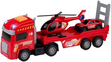 Eddy toys brandweerwagen set 3 stuks - fire truck set met oplegger, helikopter en brandweerauto - speelgoed auto, helikopter en brandweerauto met licht en geluid - fire dept - rood