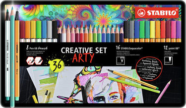 Stabilo arty creative metalen etui met 16 x aquacolor, 12 x point 88, 8 x pen 68 brush