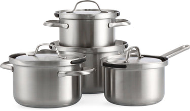 Bk vesta 4-delige pannenset 16 18 20cm - 1.8 2.5 3.5l- pfas-vrije antikleeflaag - rvs pannenset - pannenset inductie - ovenbestendig tot 220°c - met deksel - zilver