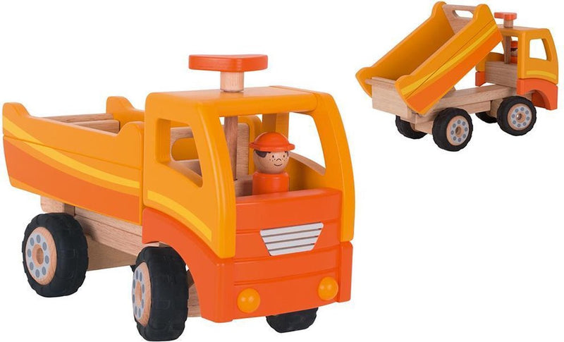 Afbeelding laden in galerijviewer, Goki houten kiepwagen oranje met draaibare wielen
