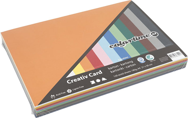 Afbeelding laden in galerijviewer, Colortime https: www.cchobby.nl gekleurd-karton-a4-vel-210x297-mm-180-gr-diverse-kleuren-12x10-vel-1-doos
