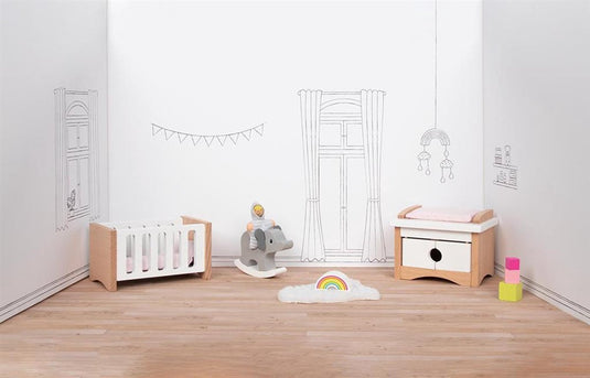 Goki poppenhuismeubeltjes: design kinderkamer, 12-delig, 10,2x6x5,5cm (bed), beukenhout en stof, 3+