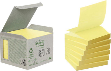 Post-it â® z-notes, gerecycleerd, mini toren, geel, 76 x 76 mm, 6 blokken, non x-wrapped, 100 blaadjes blok
