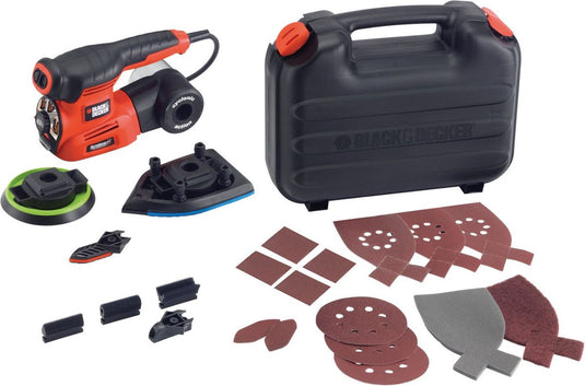 Black+decker ka280k 220w 4in1 multischuurmachine | vlak-, detail-, en excentrische schuurzool | 4x profielpunten | 1x schuurvinger | 14x schuurvellen | in koffer - ka280k-qs