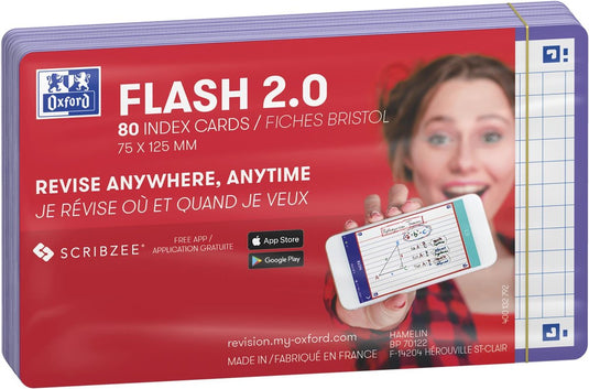 Oxford flash 2.0 - flashcards - geruit 5mm - a7 - paarse rand - 80 stuks