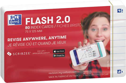 Oxford flash 2.0 - flashcards - gelijnd - a7 - wit - 80 stuks