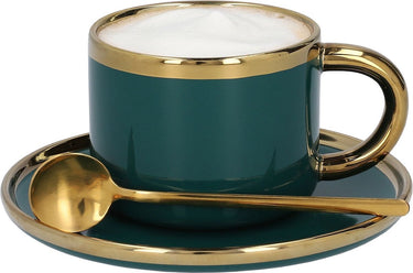 Homla zintuiglijke koffiekop porselein met schotel lepel - theemok kop koffieservies - vintage rvs 200ml smaragd goud