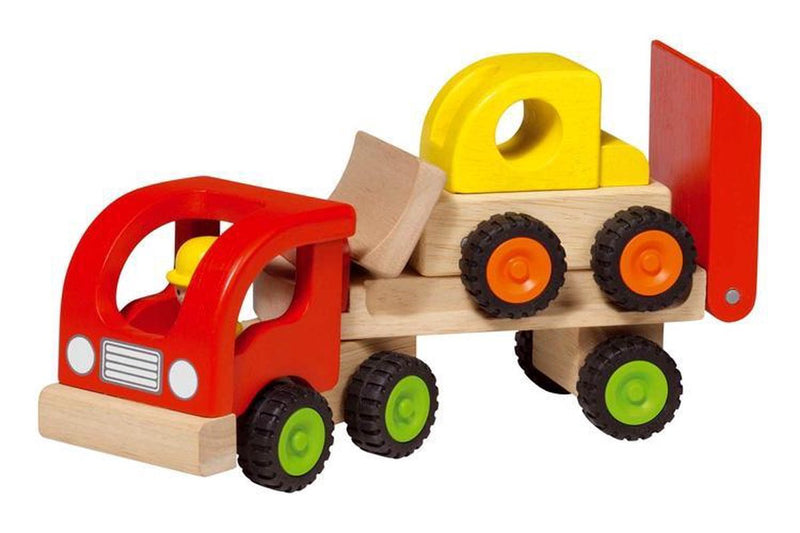 Afbeelding laden in galerijviewer, Goki houten voertuig: oplegger met bulldozer 34x8,5x12,5cm, met rubberen banden, 2+
