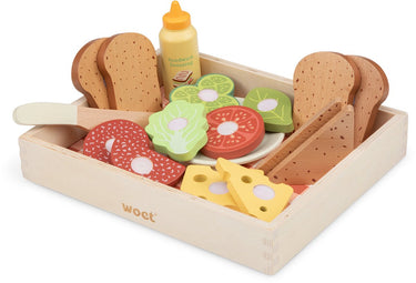 Woet ® houten sandwich set - maak je eigen broodjes speelset met 16+ accessoires - rollenspel speelgoedeten - educatief keuken speelgoed - vanaf 2 jaar