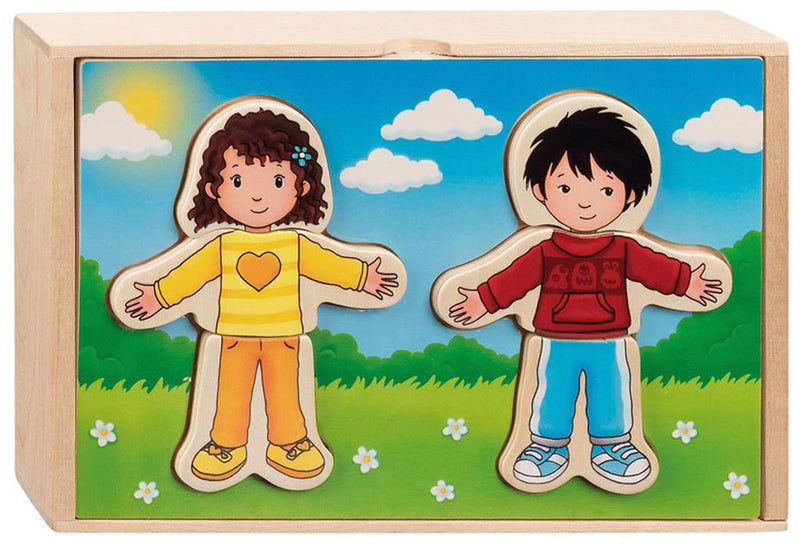 Afbeelding laden in galerijviewer, Goki houten aankleedpuzzel jongen en meisje in houten box, 36st.
