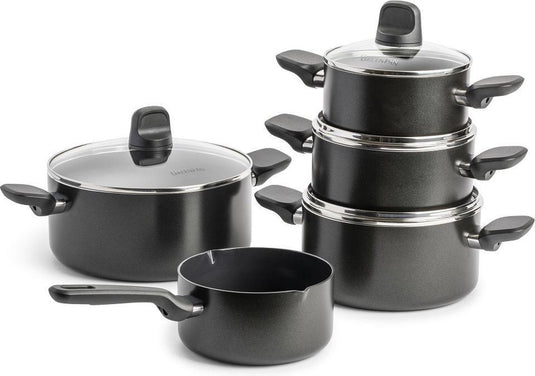 Greenpan memphis kookpannenset 9-delig - 16 18 20 24cm - 1.6 1.6 2.1 3.1 4.9l - pfas-vrije antikleeflaag - inductie kookpan - keramische pan - ovenbestendig tot 160°c - koudgrepen - met glazen deksel - zwart