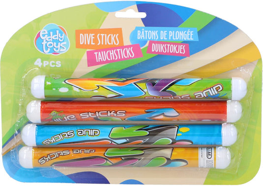 Eddy toys duikstaven - 4x stuks - gekleurd - kunststof - duikspeelgoed - duikstaafjes - duikstokjes - zinkt op bodem - zinkt naar de bodem