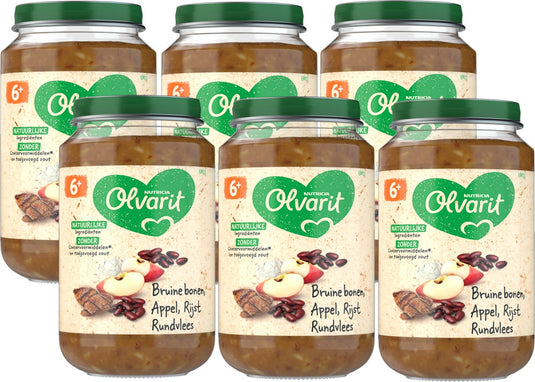 Olvarit babymaaltijd 6+ maanden – bruine bonen appel rijst rundvlees – 6 x 200g