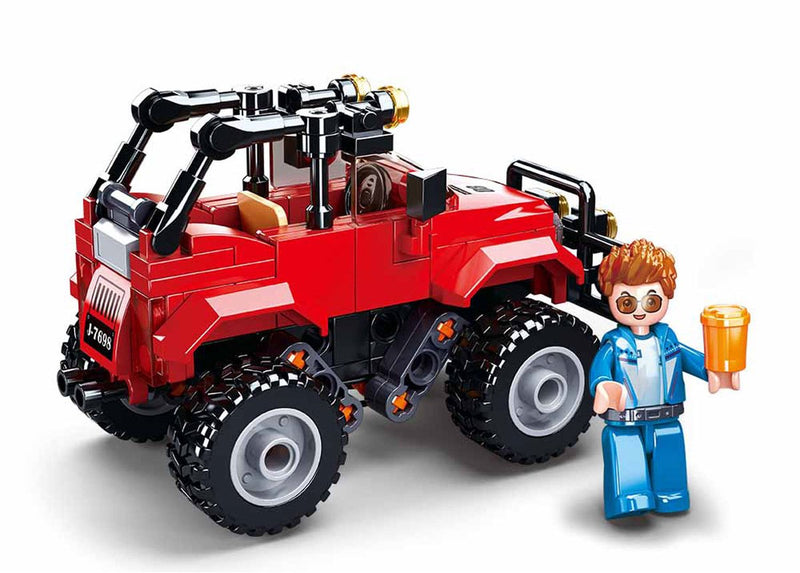 Afbeelding laden in galerijviewer, Sluban town rode jeep bouwspeelgoed kinderen vanaf 6 jaar – constructiespeelgoed modelbouw – bouwdoos met 135 bouwstenen en 1 minifiguur – m38-b0902
