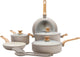 Greenpan essence pannenset 10-delig - 18 20 24 26cm - pfas-vrije antikleeflaag - pannenset inductie - keramische pan - ovenbestendig tot 160°c - houteffect handgrepen - koudgrepen - met glazen deksel - taupe