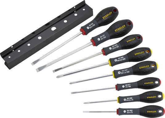 Stanley 8-delige fatmax schroevendraaierset parallel 3.5 x 75mm. 5.5 x 125mm standaard 4 x 100mm. 6.5 x 150mm. 8 x 150mm phillips ph0 x 75mm. ph1 x 100mm. ph2 x 125mm