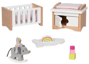 Goki poppenhuismeubeltjes: design kinderkamer, 12-delig, 10,2x6x5,5cm (bed), beukenhout en stof, 3+