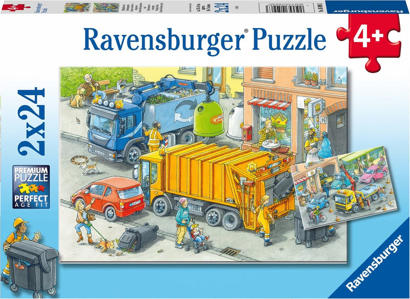 Afbeelding laden in galerijviewer, Ravensburger puzzel vuilniswagen en sleepwagen - 2 x 24 stukjes
