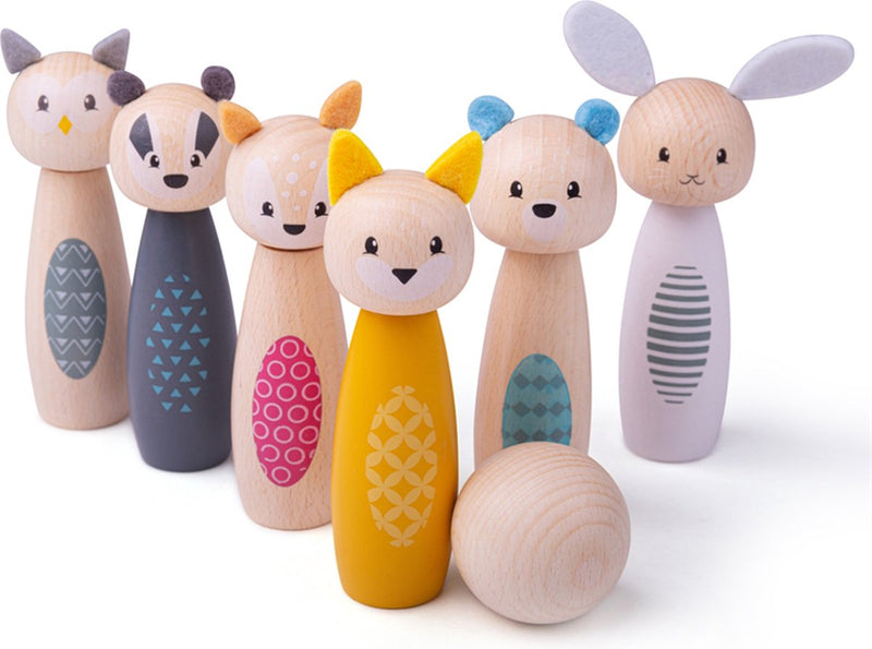 Afbeelding laden in galerijviewer, Simply scandi bigjigs toys - kegelspel 'bosdieren' - hout speelgoed - houten kegelspel - 7-delig
