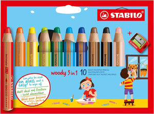 Stabilo woody 3 in 1 - multi talent kleurpotloden - etui met 10 kleuren + puntenslijper