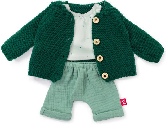 Miniland ml poppen: kledij set groen voor jongen 38cm, 3-delig, vest, t-shirt en broek, met kleerhanger, 3+