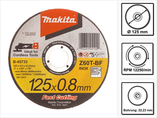 Makita b-45733 doorslijpschijf - 125 x 22,23 x 0,8mm - rvs - inox