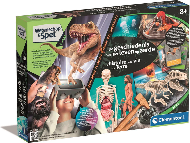 Afbeelding laden in galerijviewer, Clementoni wetenschap spel - geschiedenis van het leven op aarde - met t-rex skelet en vr bril - vanaf 7 jaar
