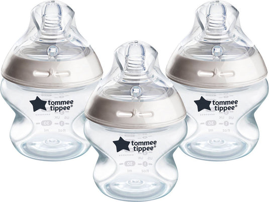 Tommee tippee natural start babyflessen, 0m+, babyflessen set van 3, 150ml, speen in de vorm van een borst voor een natuurlijke zuigwijze, lage stroomsnelheid, zelfsteriliserend en bpa-vrij, baby feeding essentials