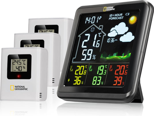 Bresser national geographic weerstation - va-kleurendisplayweerstation incl. 3 sensoren - met weersvoorspelling, alarmfunctie etc.