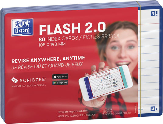 Oxford flash 2.0 - flashcards - gelijnd - a6 - blauwe rand - 80 stuks