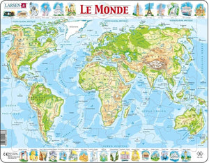 Larsen carte topographique du monde – puzzle – monde – géographie physique – puzzle éducatif pour enfants – 80 pièces – fabriqué en norvège – pièces extra épaisses de 2,5 mm – plateau avec bord fixe
