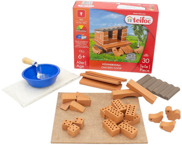 Teifoc ® bouwdoos – kippenhok bouwset – 30 onderdelen – echte mini bakstenen met cement, kom en troffel – bouwpakket voor kinderen vanaf 6 jaar