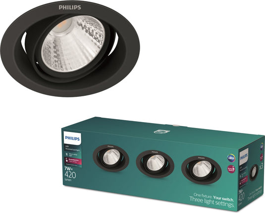 Philips pomeron inbouwspot - sceneswitch - 7w - warmwit licht - zwart - multi-pack 3 stuks