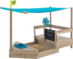 Tp toys ahoy speelboot – uitschuifbare houten speelboot met zonnescherm, opbergruimte en schoolbord – perfect voor zand- en waterplezier