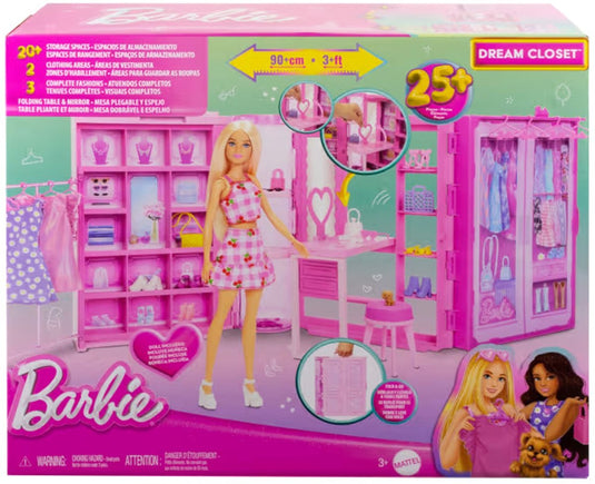 Barbie super kledingkast – modepop met 25+ stukken, roze glitterkast kaptafel
