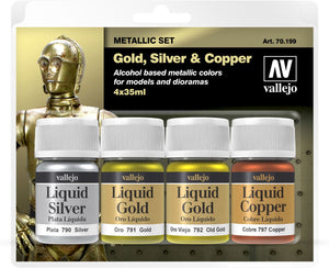 Vallejo hobbyverf - 70199 liquid color set - silver - (old) gold - copper - 4x 35ml verf set - 4 x 35 ml