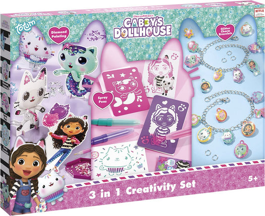 Totum gabby's poppenhuis knutselpakket xl 3 in 1 bedel armbandjes maken speelgoed meisjes, diamond paint, spraypens en sjablonen - gabby's dollhouse cadeautip knutselen creatief speelgoed