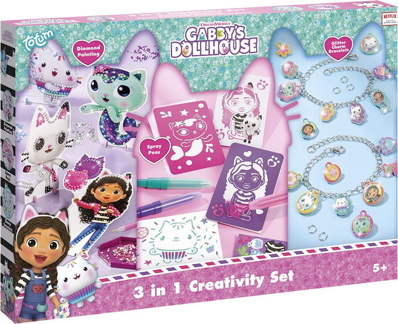 Afbeelding laden in galerijviewer, Totum gabby's poppenhuis knutselpakket xl 3 in 1 bedel armbandjes maken speelgoed meisjes, diamond paint, spraypens en sjablonen - gabby's dollhouse cadeautip knutselen creatief speelgoed
