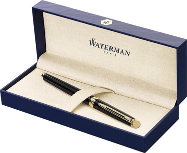 Waterman hémisphère-vulpen | glimmend zwart met 23k gouden rand | fijne penpunt | blauwe inkt | cadeauverpakking