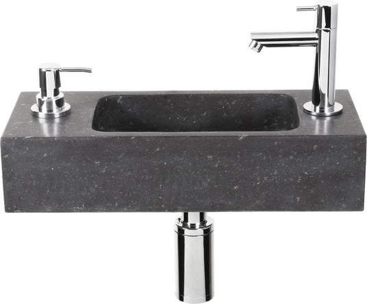Differnz sapon fonteinset - 42x18.5x9cm - rechthoek - 1 kraangat - met sifon fontein en afvoerplug - natuursteen zwart