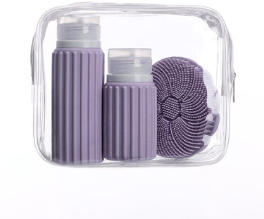 Muitomas reistas + gezichtsborstel + 2 flesjes – compact - waterdichte transparante tas - siliconen reisflessen - violet