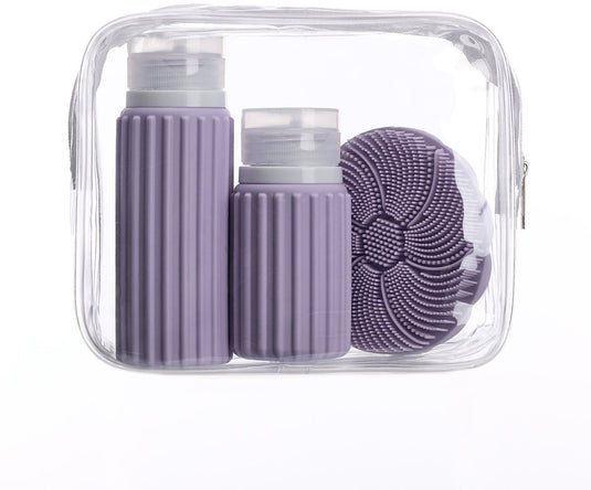 Muitomas reistas + gezichtsborstel + 2 flesjes – compact - waterdichte transparante tas - siliconen reisflessen - violet