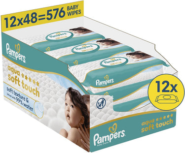 Pampers aqua soft touch - billendoekjes - zachte textuur lotion met 99% water - 12 verpakkingen van 48 doekjes = 576 babydoekjes