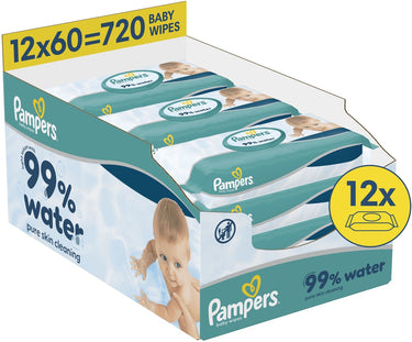 Pampers 99% water - billendoekjes - zachte lotion met 99% water - 12 verpakkingen van 60 doekjes = 720 babydoekjes