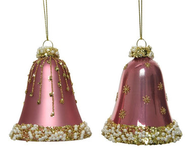 Decoris glazen kerstornamenten in vorm van gedecoreerde klokjes dia 6.5cm x 8 cm velours roze