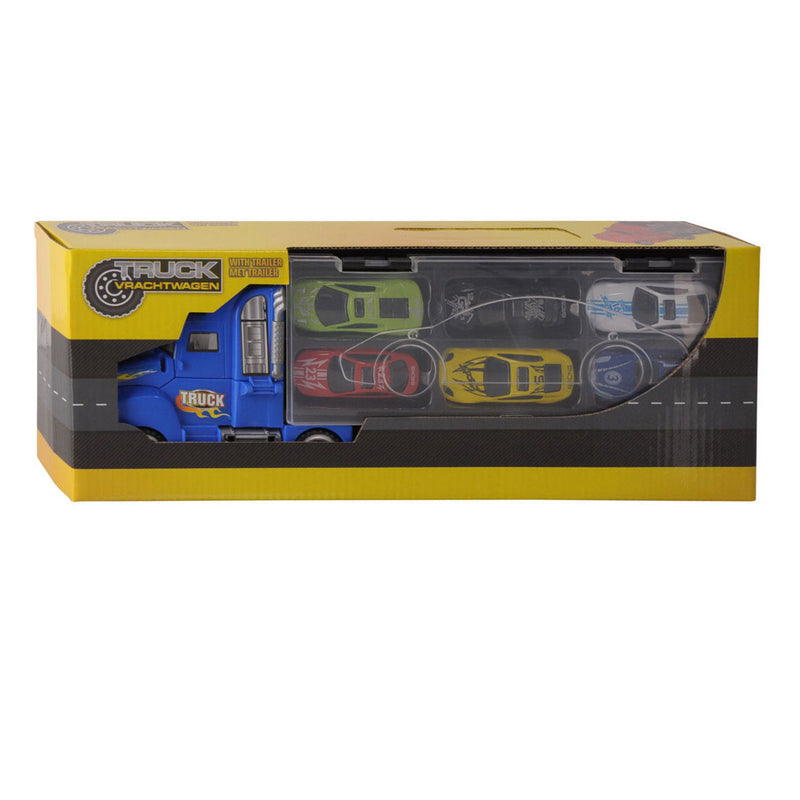 Afbeelding laden in galerijviewer, Vrachtwagen met Trailer en 6 Die-cast Auto's
