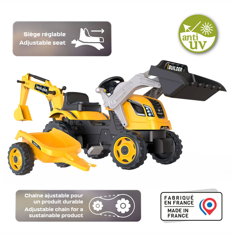 Afbeelding laden in galerijviewer, Smoby Builder Max Graafmachine Traptractor met Trailer Geel
