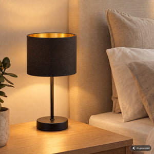 B.k.licht kari - tafellamp - zwart-gouden tafellampje - metaal stof - bedlamp - slaapkamer lamp - e27 fitting - h.: 33cm